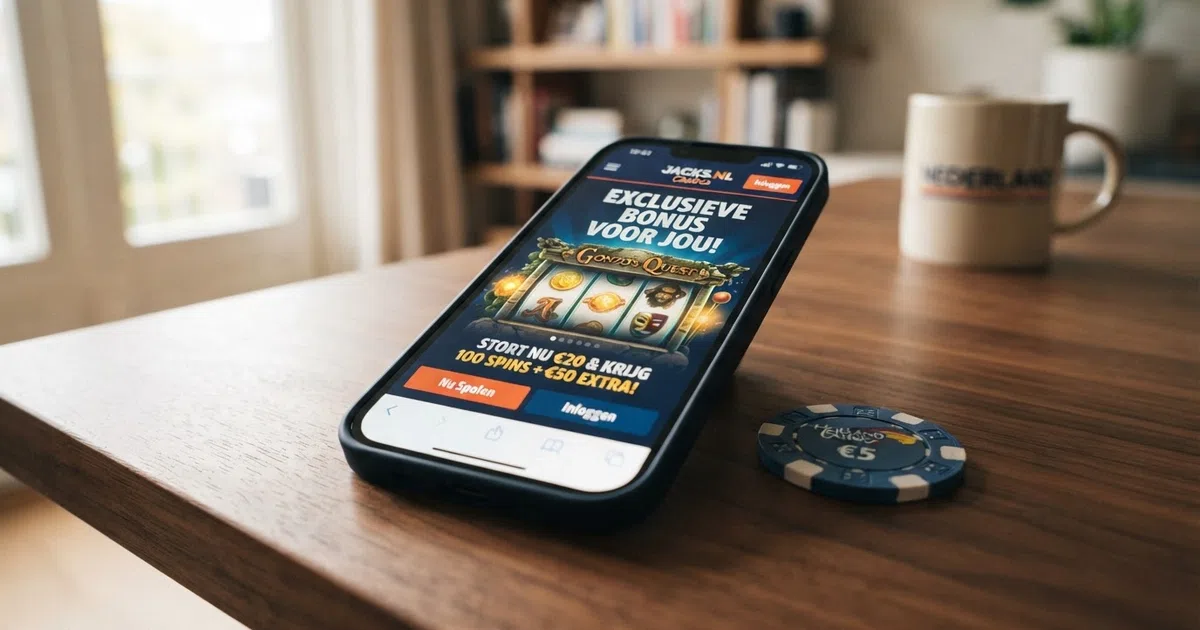 Een close-up van een Nederlandse casino-interface met een uitgelichte exclusieve welkomstbonus, een slot op de achtergrond en de tekst “exclusieve bonus” in beeld