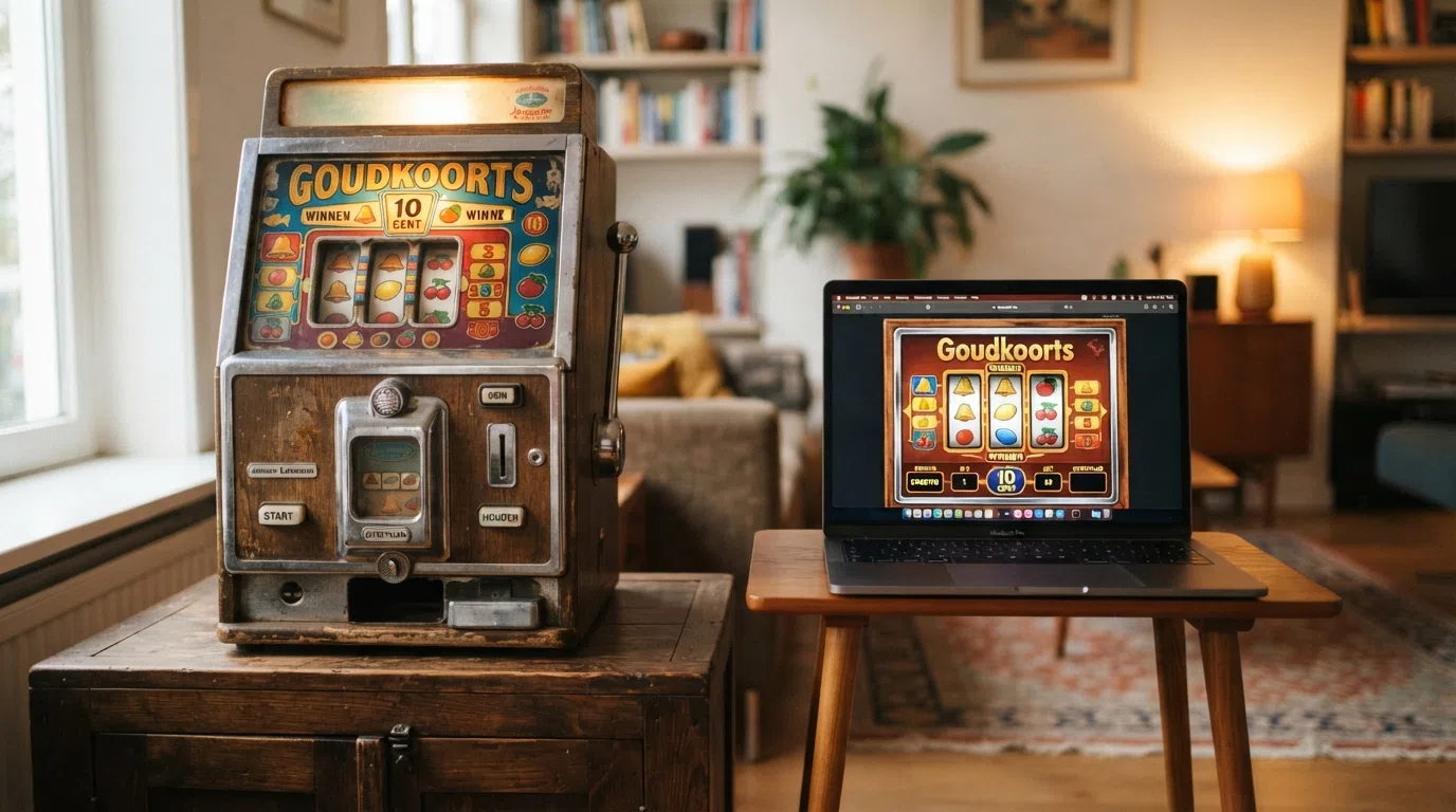 Een fysieke oude fruitautomaat in een huiskamer, met zichtbare rollen, hendel en muntinworp, naast een laptop met dezelfde gokkast in HTML5-demo