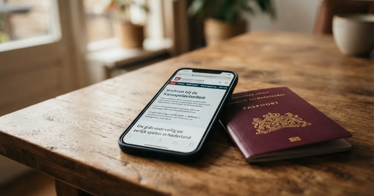 Een smartphone met daarop de website van de Kansspelautoriteit en een Nederlands paspoort ernaast op een houten tafel