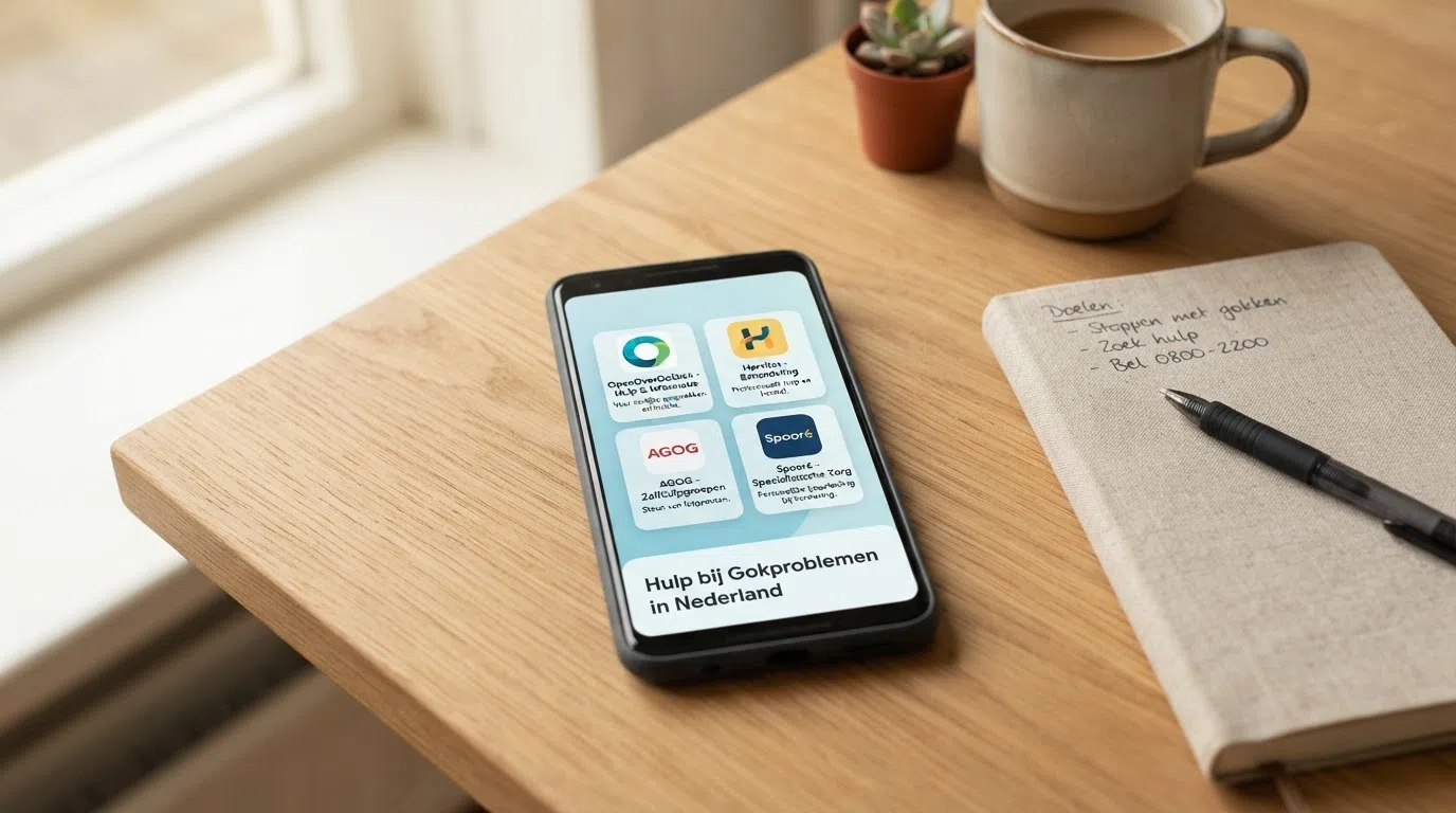 Een telefoon met vier tegels: OpenOverGokken, Hervitas, AGOG en Spoor6 — met onder elk logo een kort zinnetje over wat ze doen