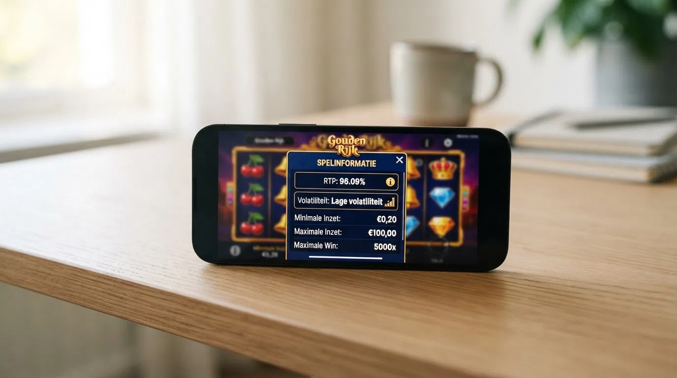 Close-up van een online gokkast-spelscherm waarop het RTP-percentage en de volatiliteitsclassificatie in het spelmenu zijn uitgelicht.