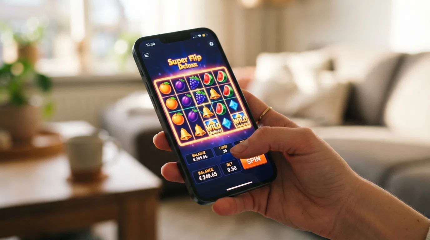 Close-up van een gokkast op een smartphonescherm, met het RTP-percentage zichtbaar in de spelregels