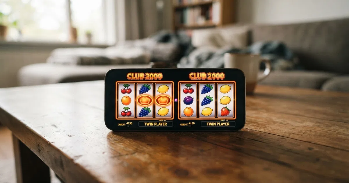Het Twin Player-speelscherm van Club 2000 met twee sets fruitrollen, speelgeld-tegoed en het oranje Club-mysterysymbool op de rollen