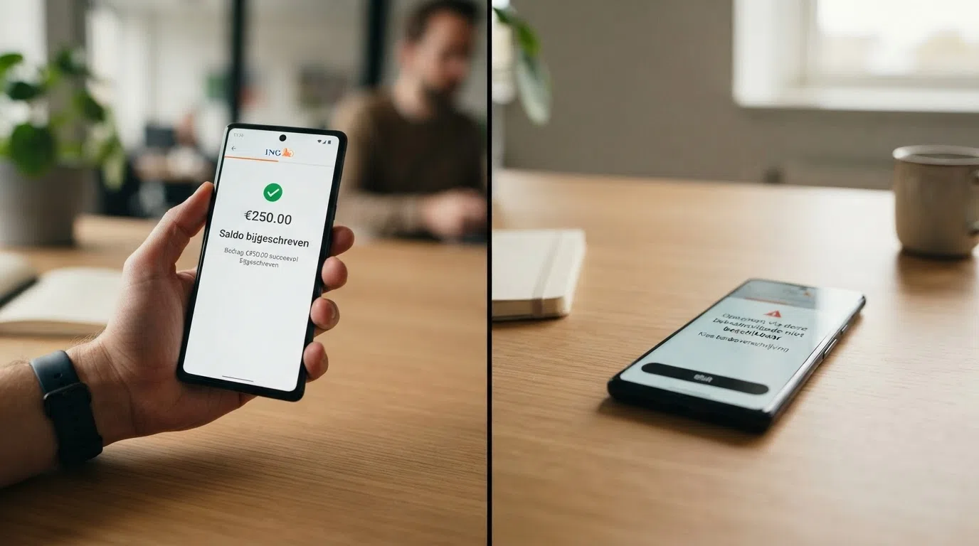 Een split-screen: links een telefoon met een Google Pay-storting die direct bevestigd wordt ('saldo bijgeschreven'), rechts dezelfde telefoon met de melding 'opnemen via Google Pay niet beschikbaar — kies bankoverschrijving'.