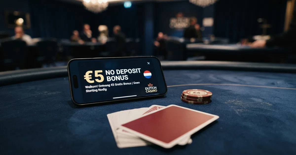 Een registratieformulier op een smartphone naast een stapel speelkaarten en een munt met het euroteken, tegen een donkerblauwe achtergrond.