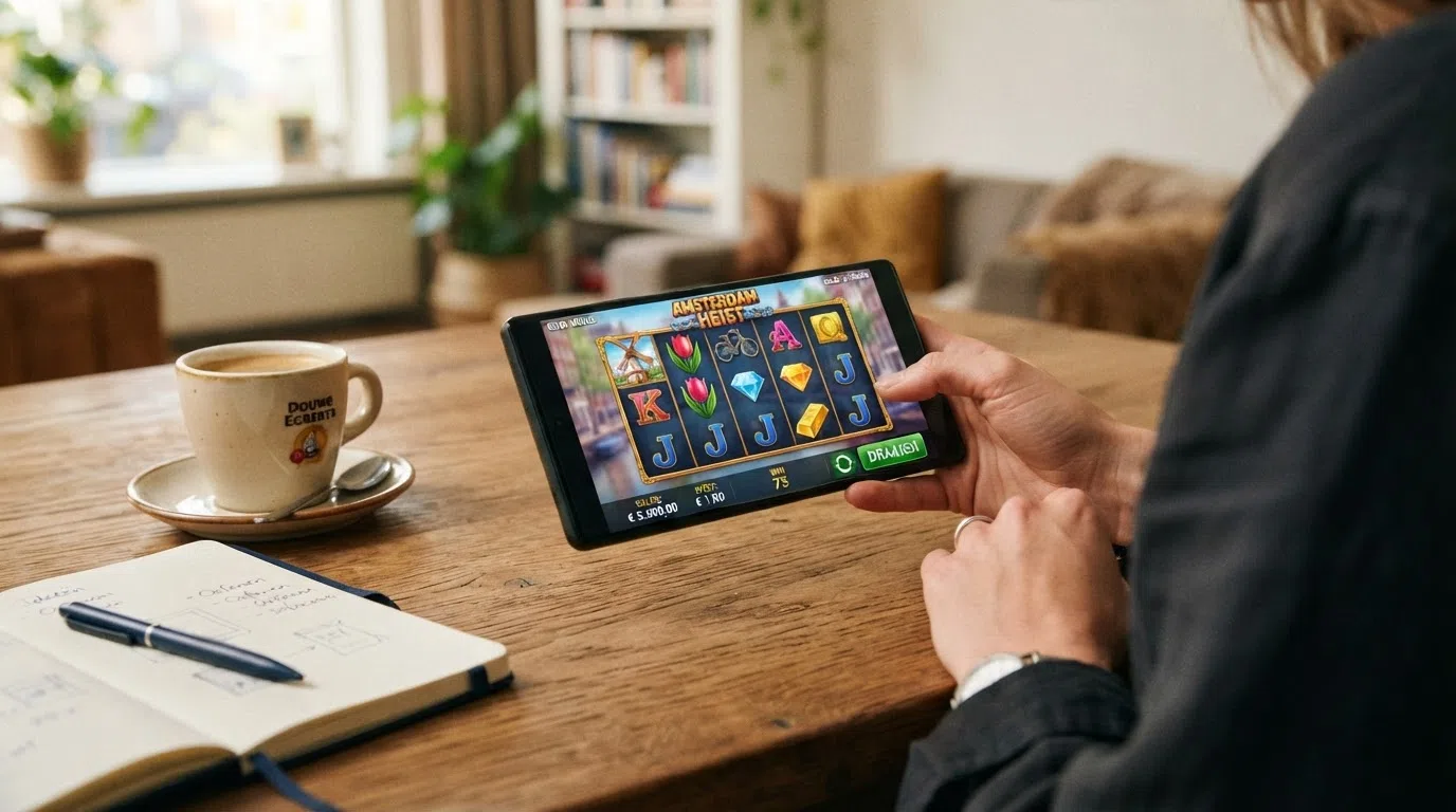 De demo-modus van een populaire gokkast op een Nederlands online casino, met speelgeld-tegoed zichtbaar in beeld