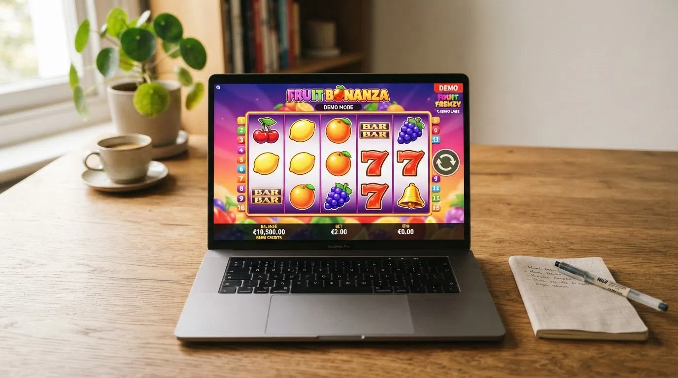 Een gokkast in demo-modus op een laptopscherm, met speelgeld-tegoed zichtbaar in de hoek