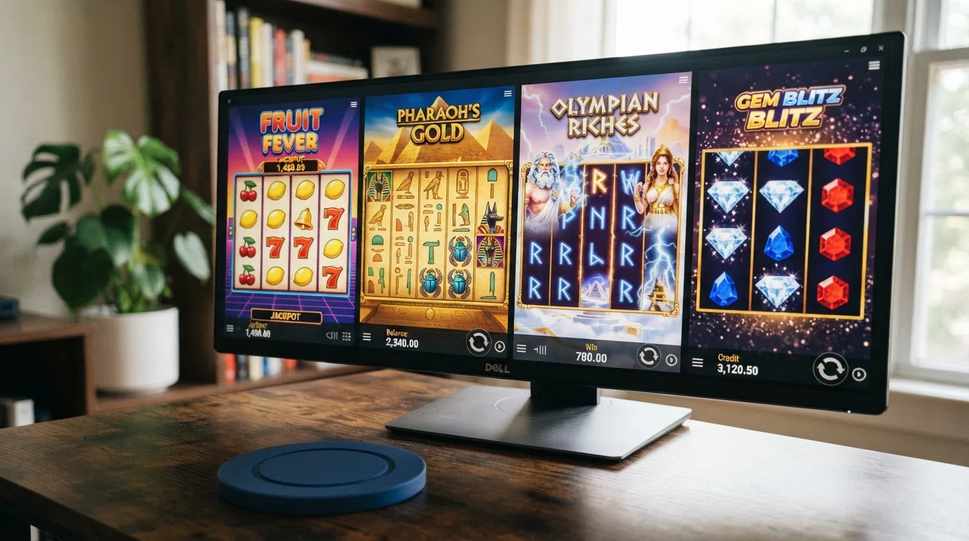 Vier openliggende online slots op een scherm, elk met een ander thema — fruitautomaten, oud Egypte, mythologie en edelstenen