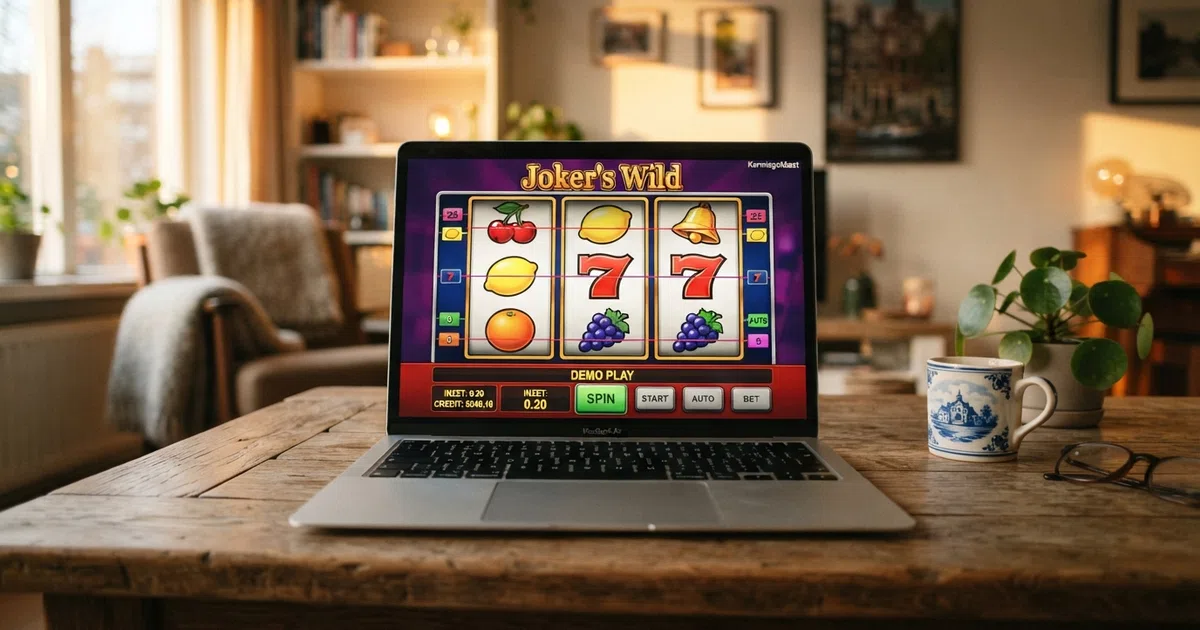 Een klassieke gokkast met fruit-symbolen, BAR-logo en drie rollen, spelend op een laptopscherm in demo-modus met een speelgeldtegoed zichtbaar in beeld