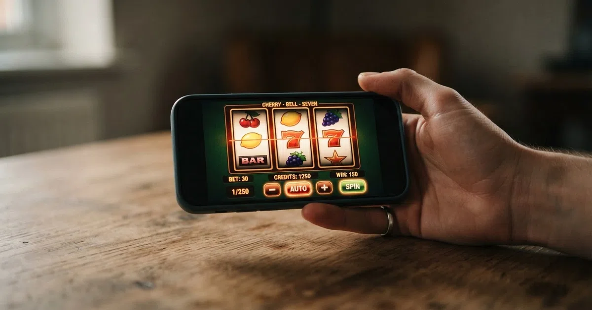 Een smartphone met op het scherm een klassieke fruitautomaat met drie rollen en fruitsymbolen, vastgehouden in een hand