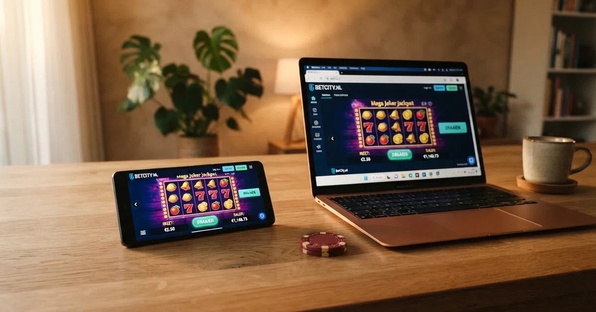 Een smartphone en laptop tonen een Nederlandse online casino-interface met gratis spins, naast een KSA-logo