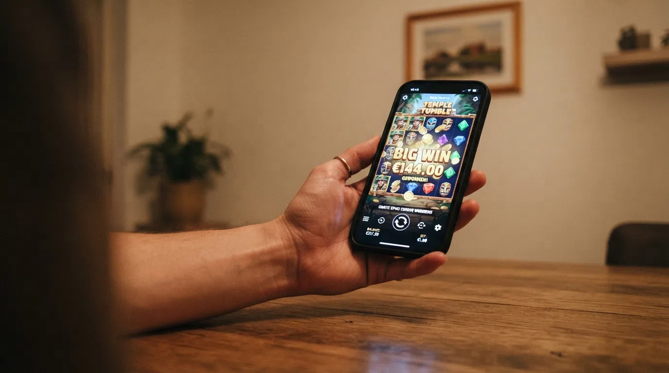 Gratis spins op een online gokkast in een Nederlands casino, met de melding dat winsten direct cash zijn zonder rondspelvoorwaarden