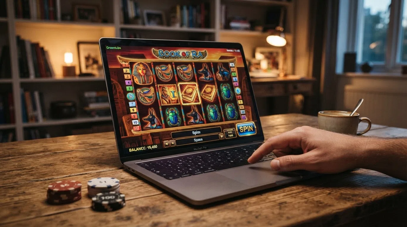 De Book of Ra deluxe gokkast van Greentube op een laptopscreen met de spin-knop in beeld