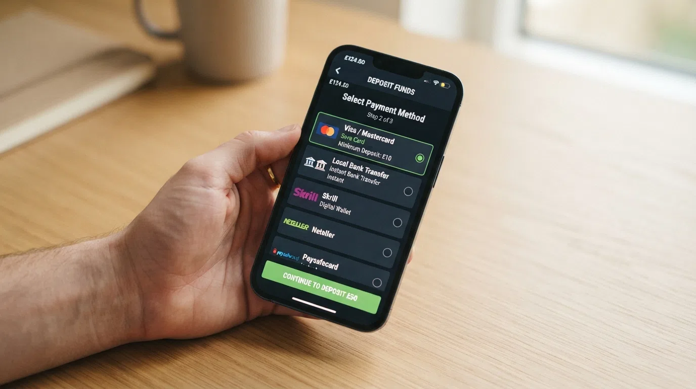 Een smartphone met het stortingsscherm van een Nederlands online casino, waarop iDEAL, Visa en Mastercard als HiPay-opties zichtbaar zijn