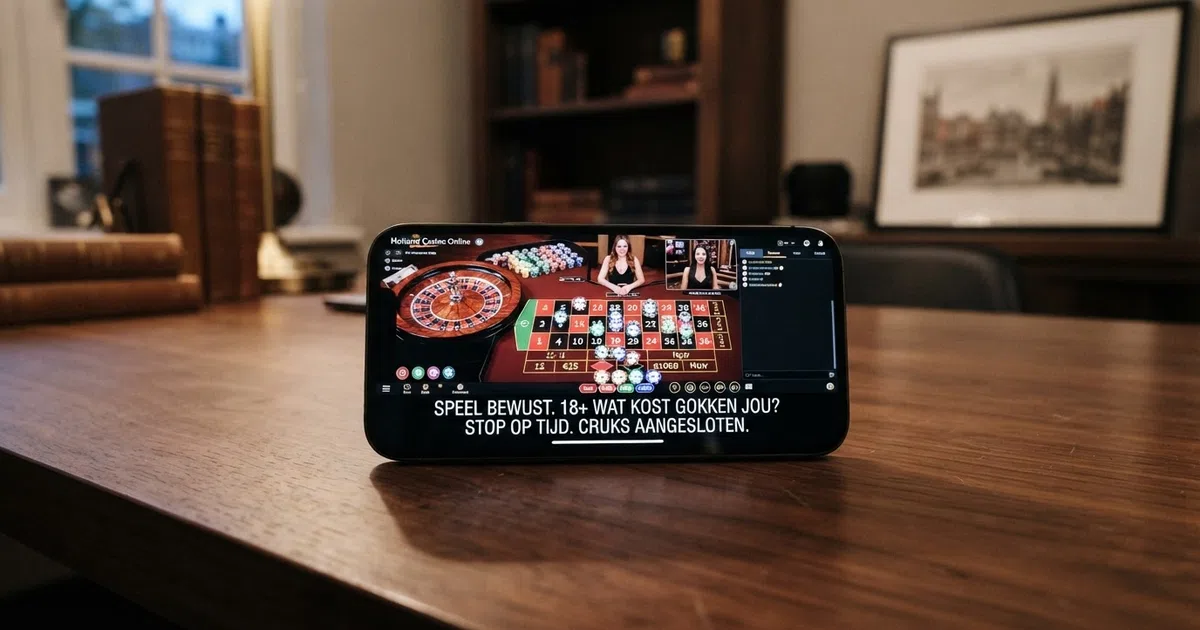 Een online casino-interface met een roulettetafel en hoge fiches op het scherm, naast een Nederlandse speellimiet-melding