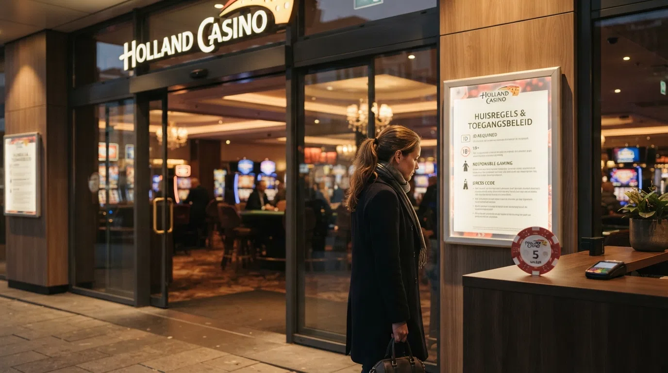 De entree van een Holland Casino-vestiging met een informatiebord over huisregels en toegangsbeleid