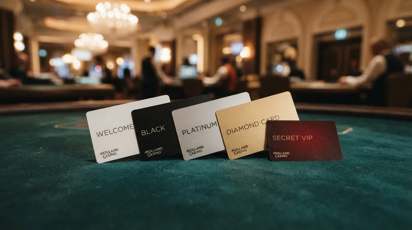 Een close-up van de vijf Holland Casino Favorites-kaarten — Welcome, Black, Platinum, Diamond en de geheime VIP Card — gerangschikt van instap tot topniveau
