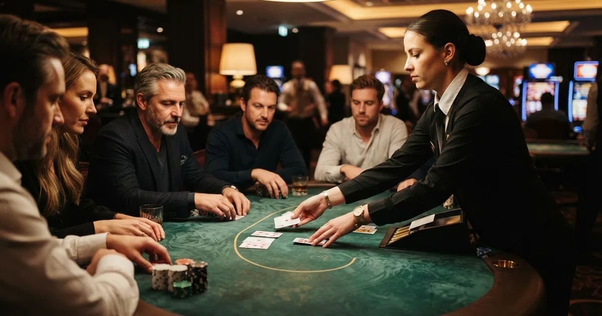 Een pokertafel in een Nederlands casino met fiches speelkaarten en een dealer die kaarten deelt