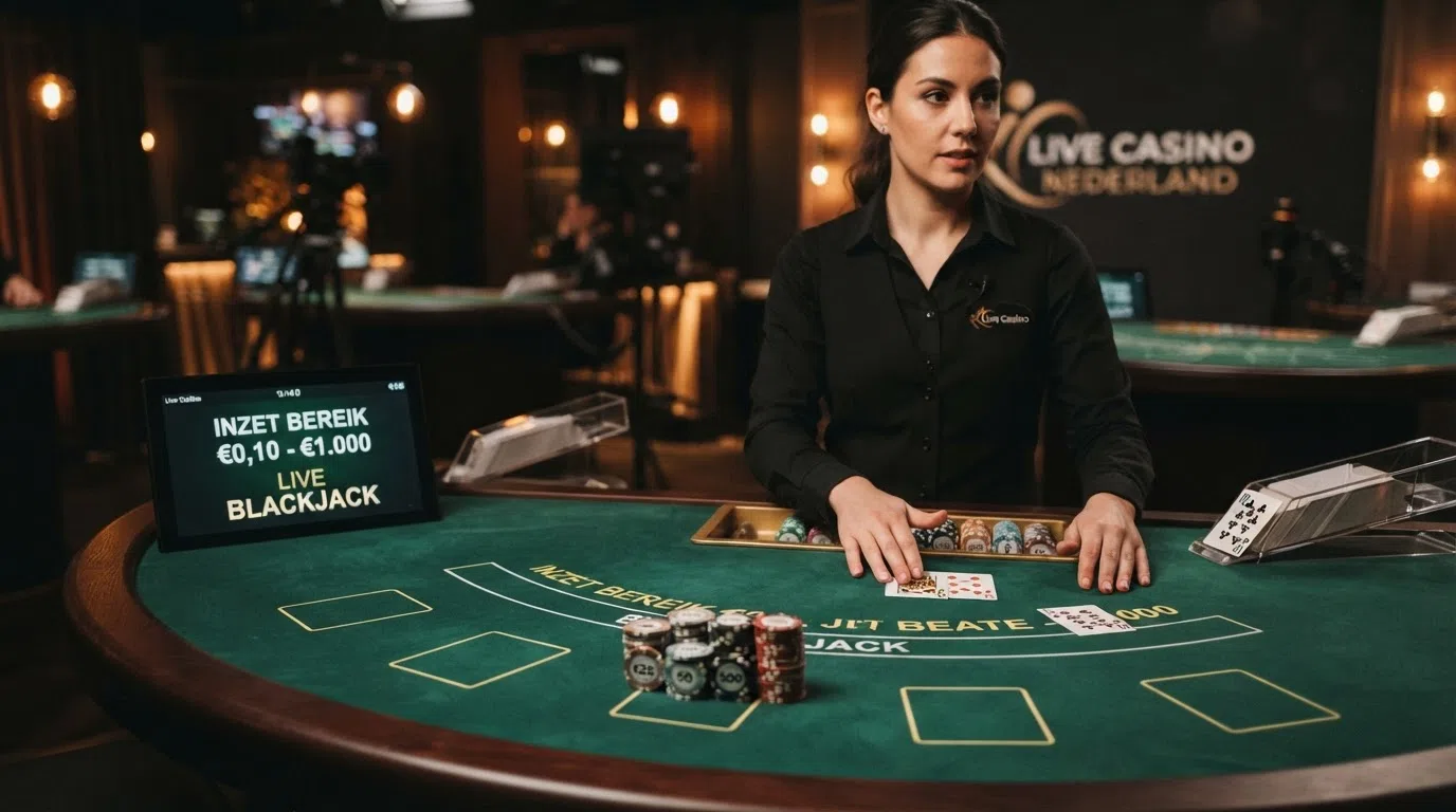 Een live blackjack-tafel met een ingezette stapel fiches en de inzetrange €0,10–€1.000 in beeld