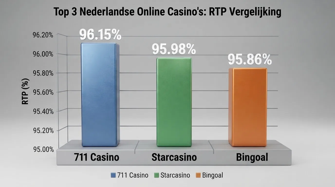 Alt: Een vergelijkingsbalk met drie Nederlandse casino-logo's — 711, Starcasino en Bingoal — en hun RTP-percentages ernaast in dalende volgorde