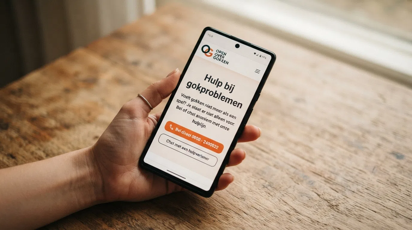Iemand houdt een smartphone vast met daarop een hulplijn voor gokproblemen geopend