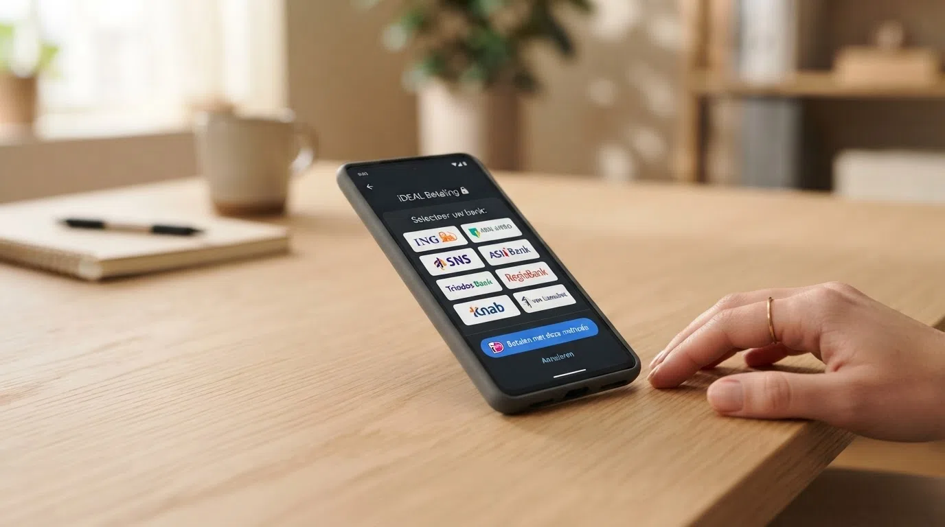 Het iDEAL-betaalscherm op een smartphone naast de interface van een Nederlands online casino