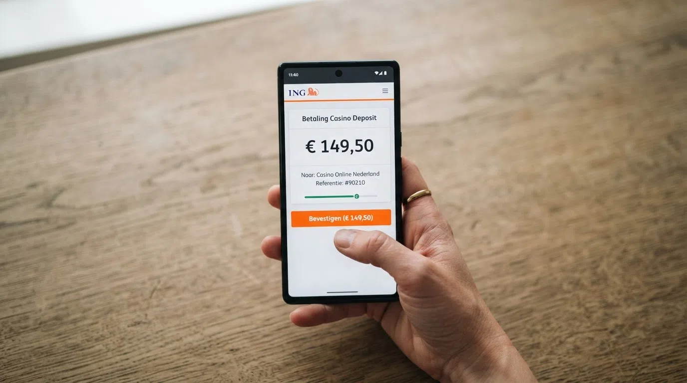 Het iDEAL-betaalscherm via een Nederlandse bank-app tijdens een casinostorting
