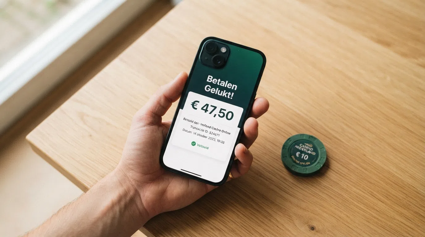 Een smartphone met het iDEAL-betaalscherm naast een lijst van ondersteunde betaalmethoden bij een online casino