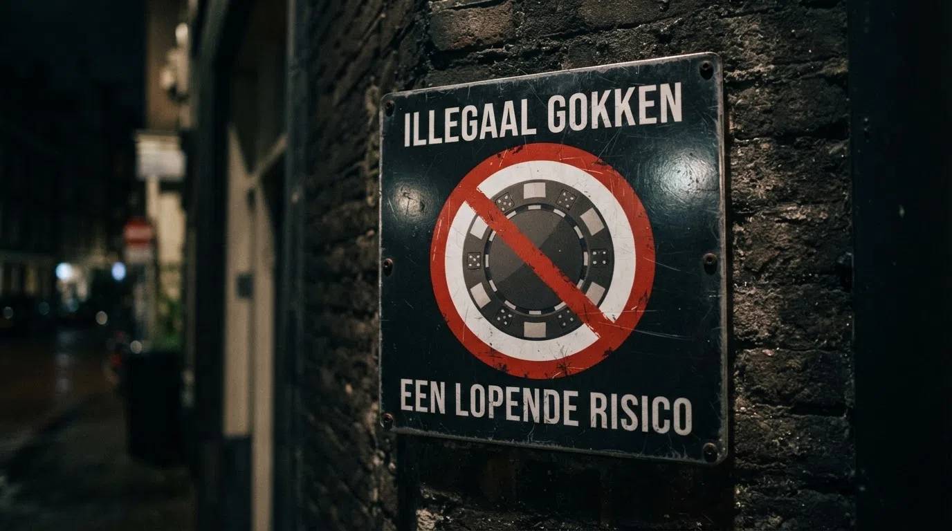 Een waarschuwingsbord met een doorgekruist casino-logo tegen een donkere achtergrond