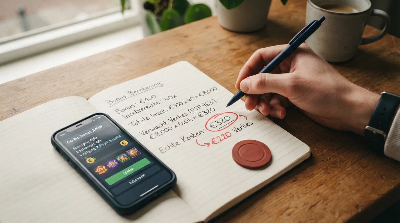Een rekenvoorbeeld op papier: €100 bonus, 40x inzetvereiste, €8.000 rond te spelen — met een rode markering om het verwachte verlies.