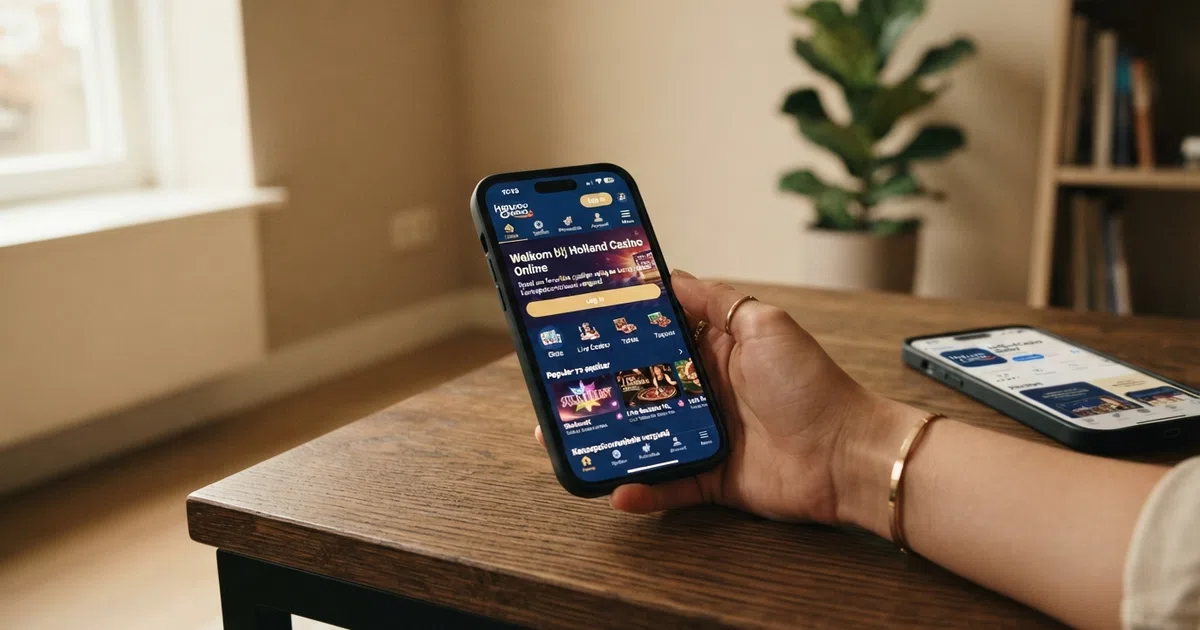 Een iPhone in de hand met op het scherm een Nederlandse casino-app, de App Store-pagina zichtbaar op de achtergrond