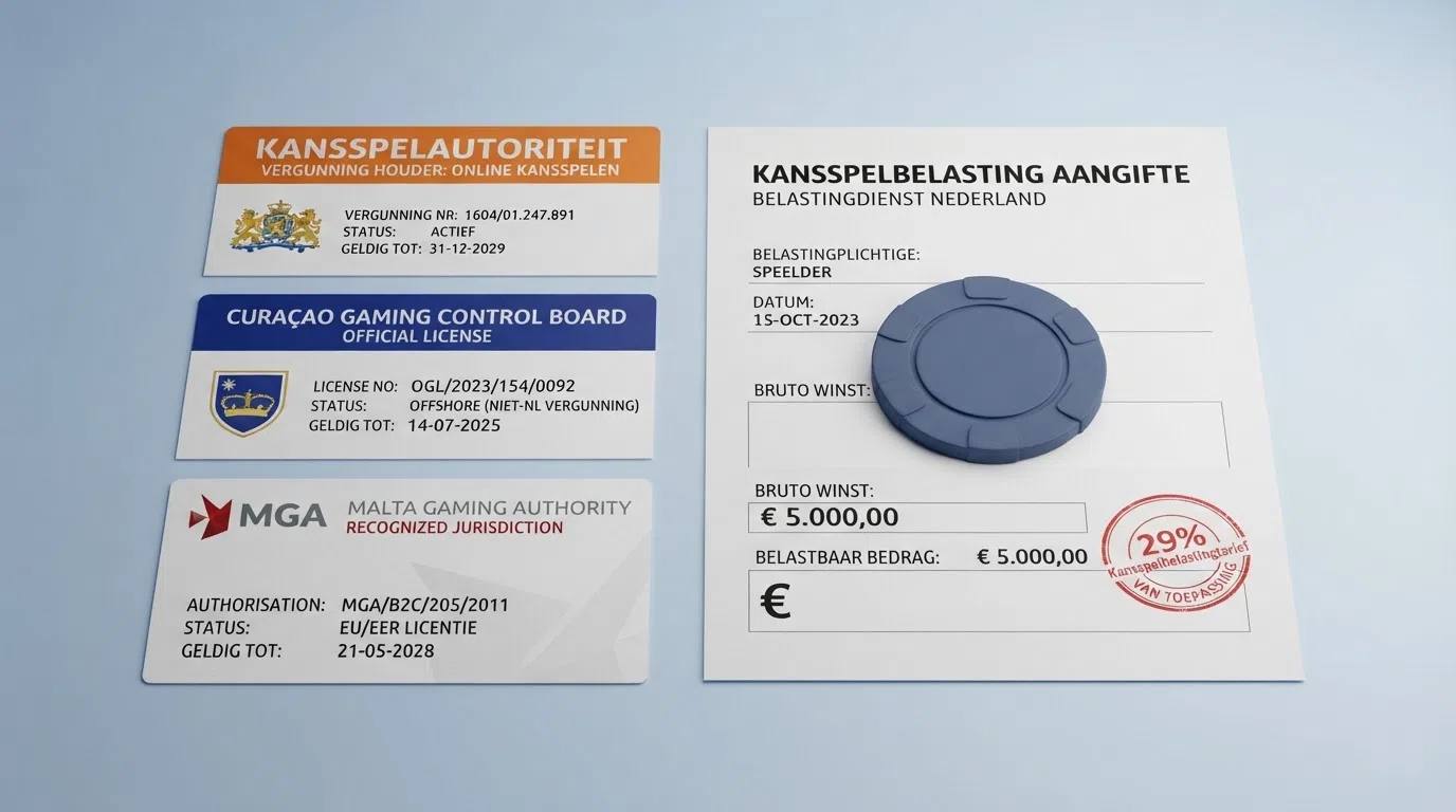 Een overzicht van drie vergunningsdocumenten — KSA, Curaçao, MGA — naast een Nederlandse belastingaangifte en het logo van de Hoge Raad.
