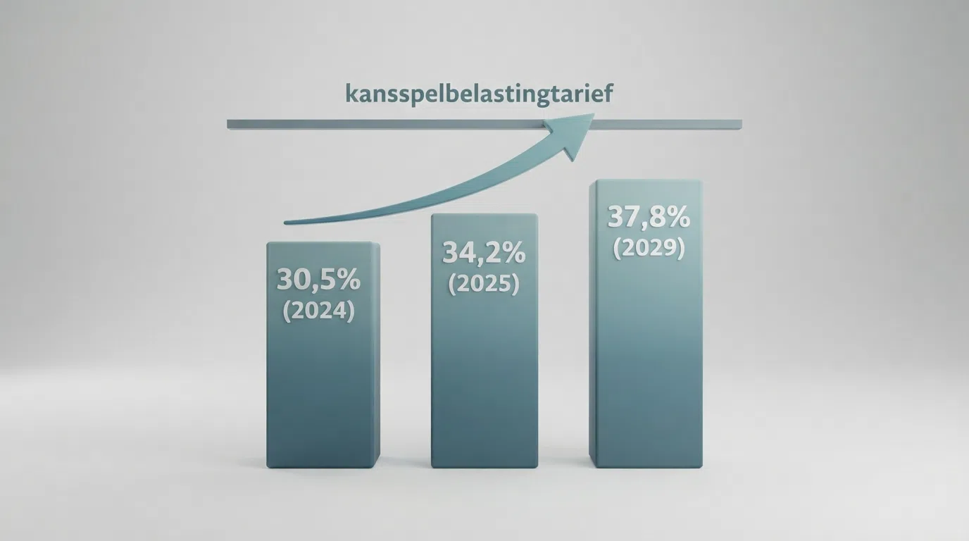 Een staafdiagram met drie balken die de tariefstijging tonen: 30,5% (2024), 34,2% (2025) en 37,8% (2026), met een omhoog wijzende pijl en een vlakke lijn voor de gerealiseerde opbrengst