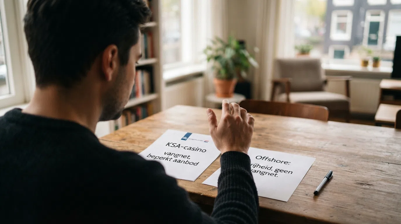 Een Nederlandse speler met een pen boven twee opties op papier: links 'KSA-casino: vangnet, beperkt aanbod' en rechts 'Offshore: vrijheid, geen vangnet'
