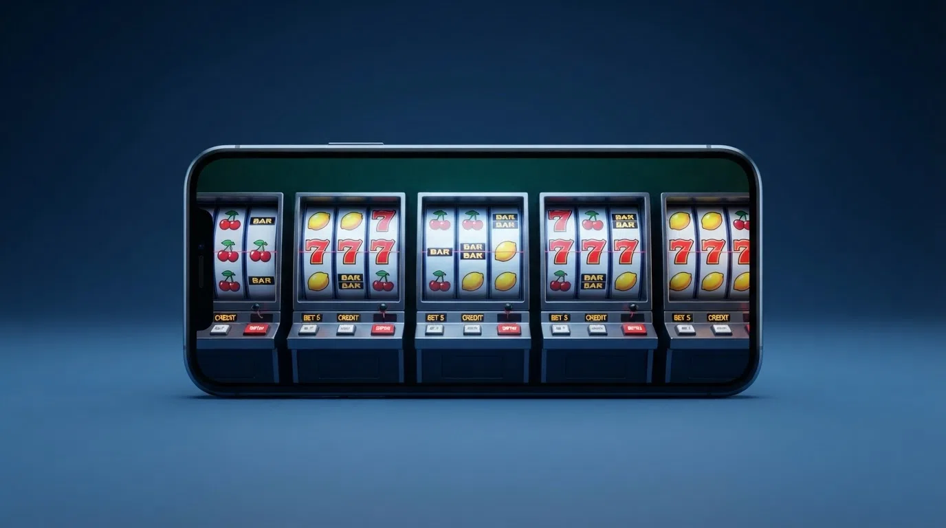 Vijf klassieke gokkasten naast elkaar op een smartphone-scherm in landscape-modus, met zichtbare fruitautomaten en rollen