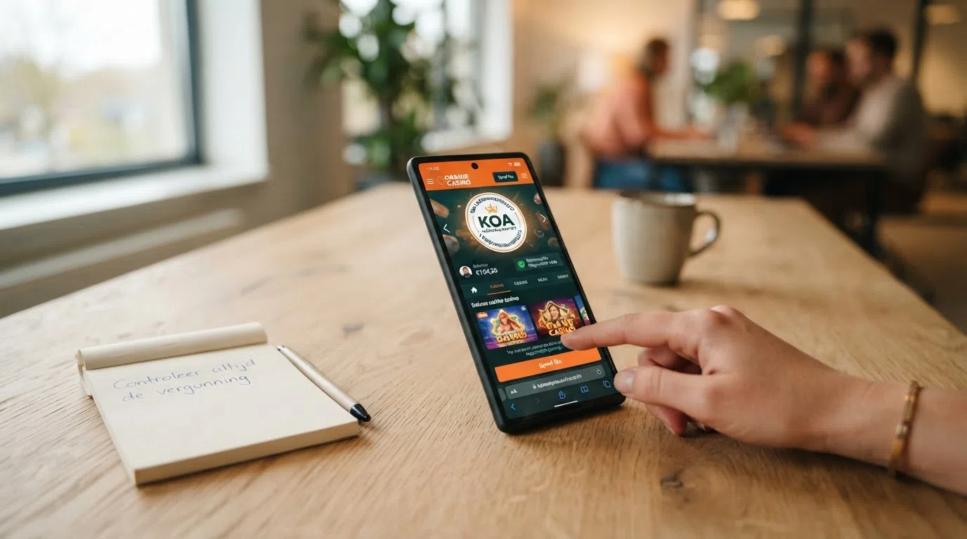 Het logo van de Kansspelautoriteit naast een Nederlandse online casino-interface met het KOA-keurmerk zichtbaar.
