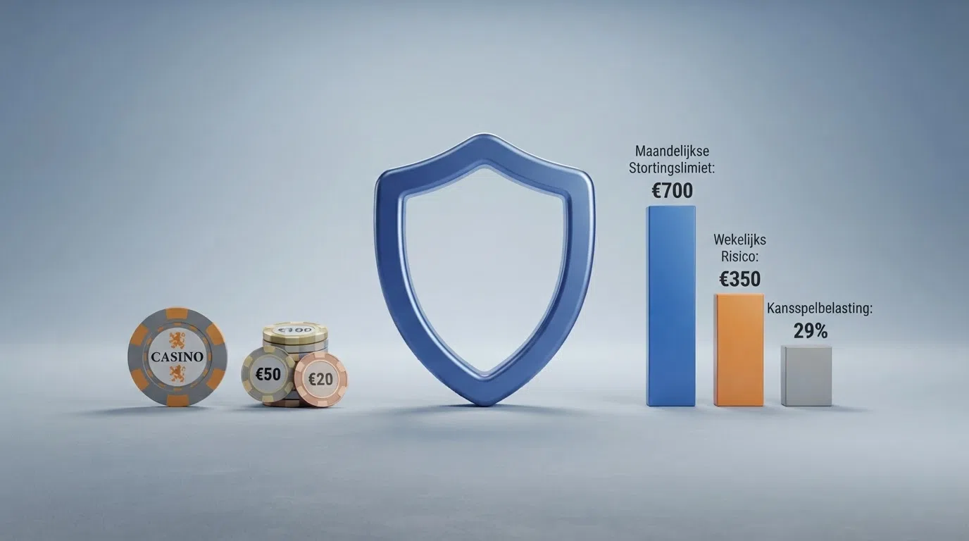 Het logo van de Kansspelautoriteit naast een gestileerd overzicht van de belangrijkste limietbedragen: €350, €700, 29%