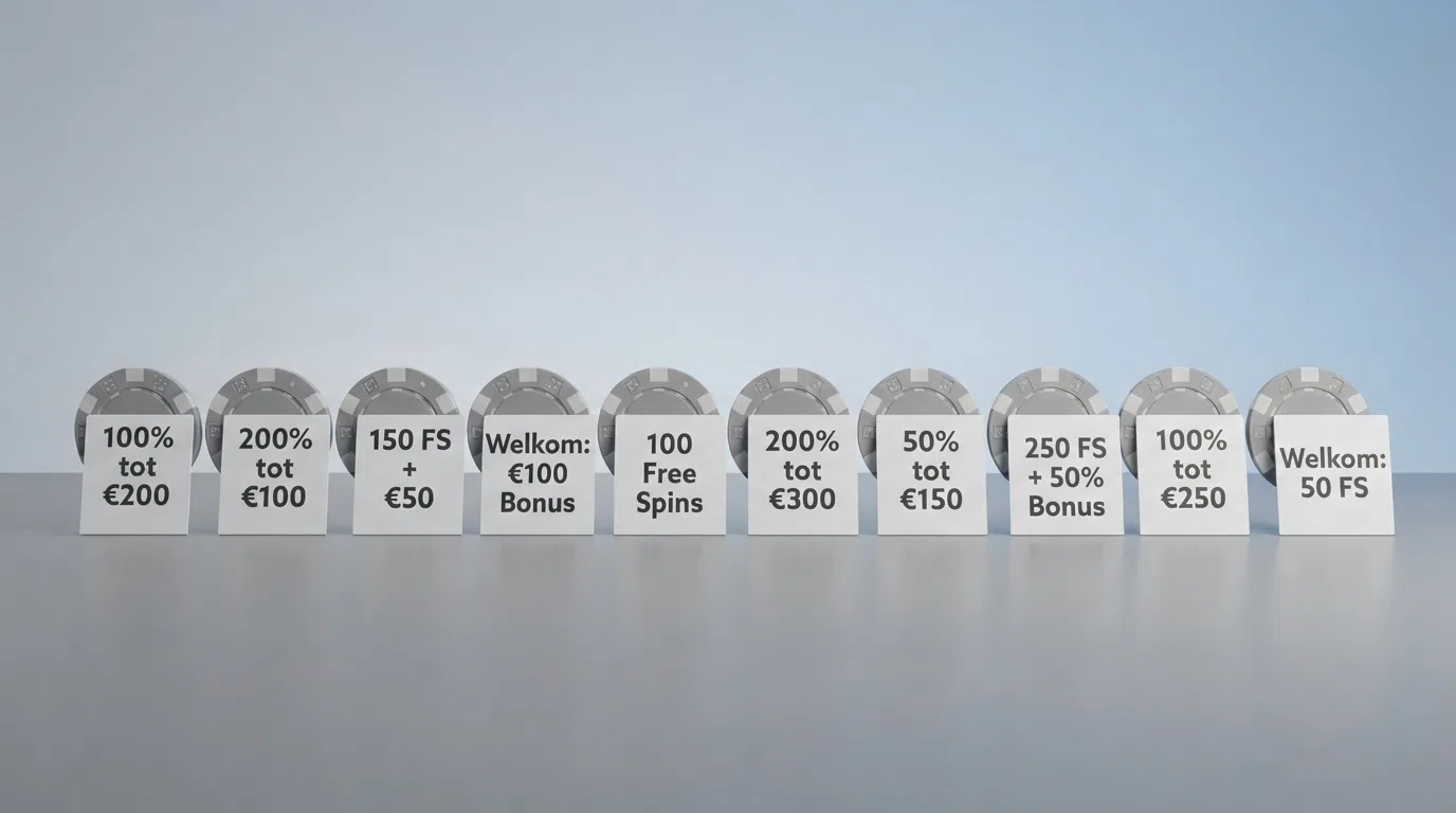 Een overzichtstabel of rij van logo's van de tien besproken KSA-vergunde online casino's met hun welkomstbonus eronder vermeld
