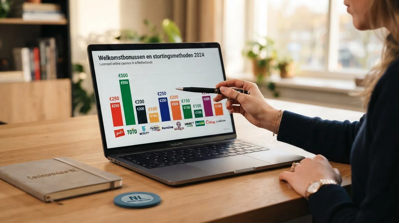 Overzicht van KSA-vergunde online casino's met hun welkomstbonussen en iDEAL als betaalmethode, gepresenteerd in een vergelijkingsopstelling