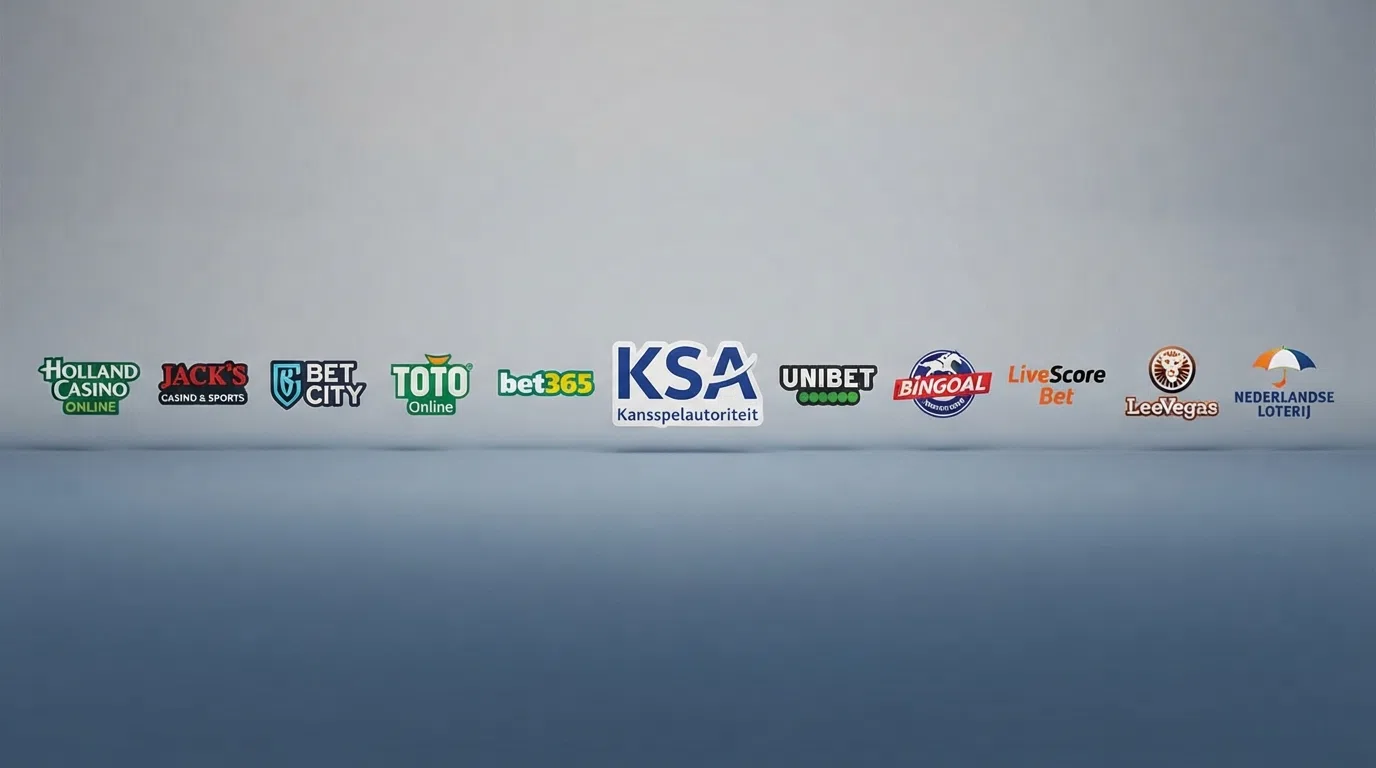 De logo's van KSA-vergunde online casino's op een rij, met het Kansspelautoriteit-keurmerk centraal