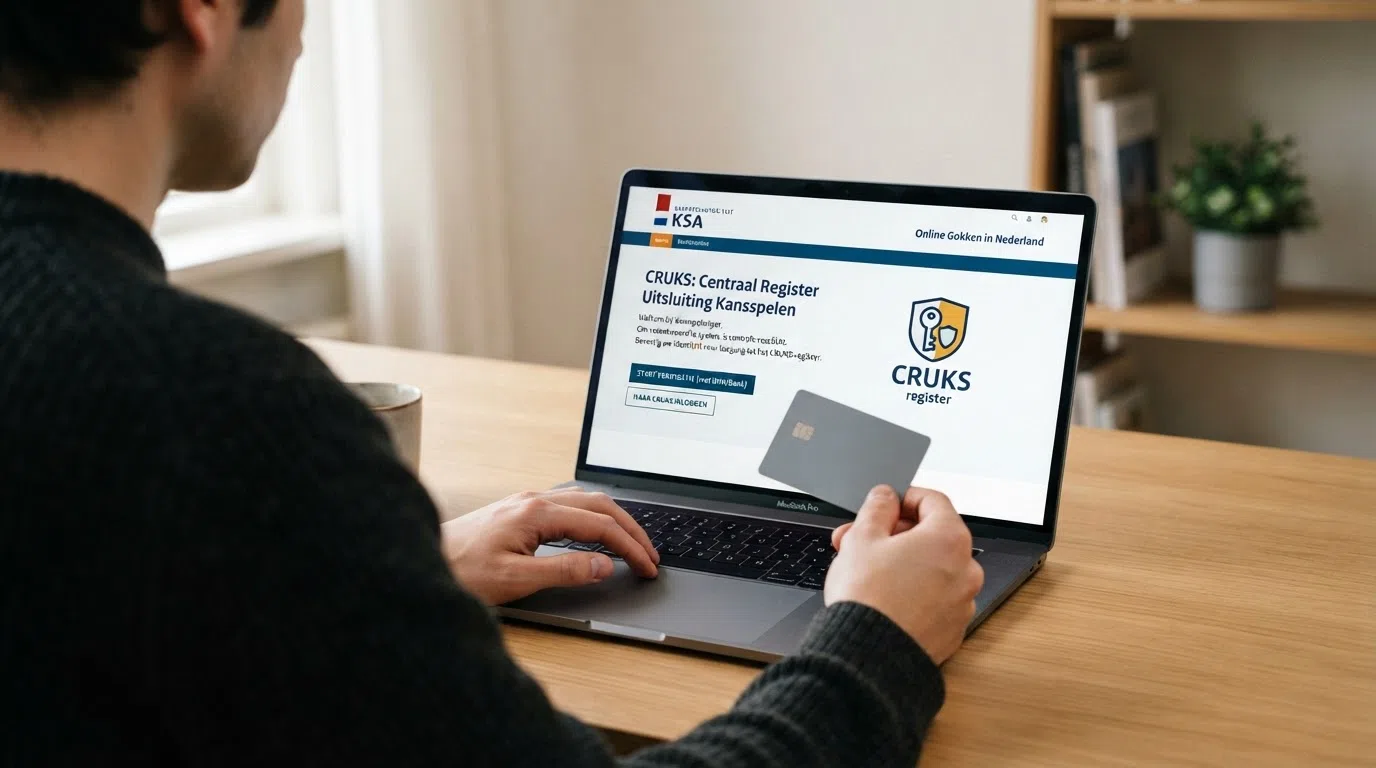 Het Kansspelwijzer-logo op een laptopscherm naast het CRUKS-register-icoon