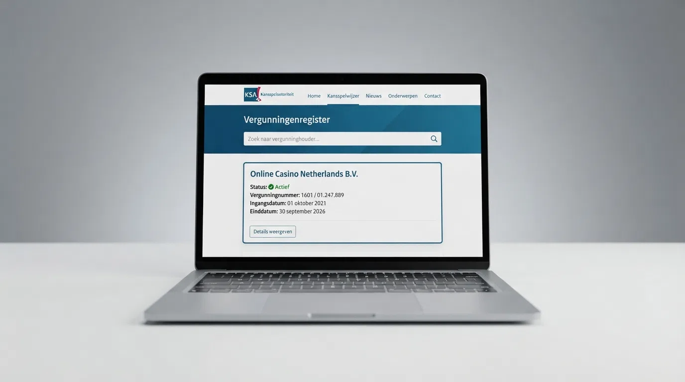 Het Kansspelwijzer-scherm van de KSA-website met een zoekresultaat dat een actieve vergunning toont