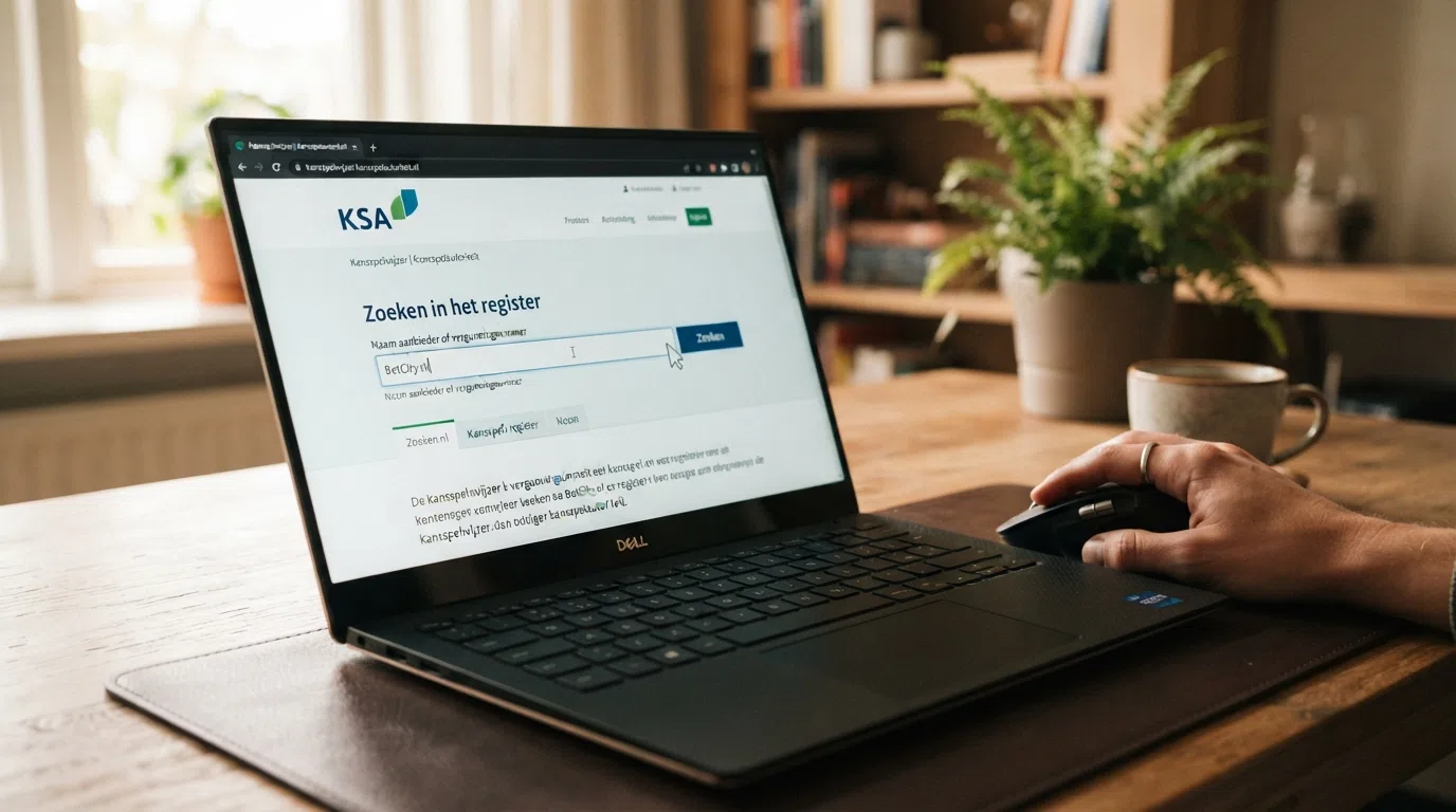 Een close-up van een beeldscherm met de KSA Kansspelwijzer-pagina waarop de vergunningcontrole van een casino wordt getoond, met een muiscursor die op de zoekbalk wijst