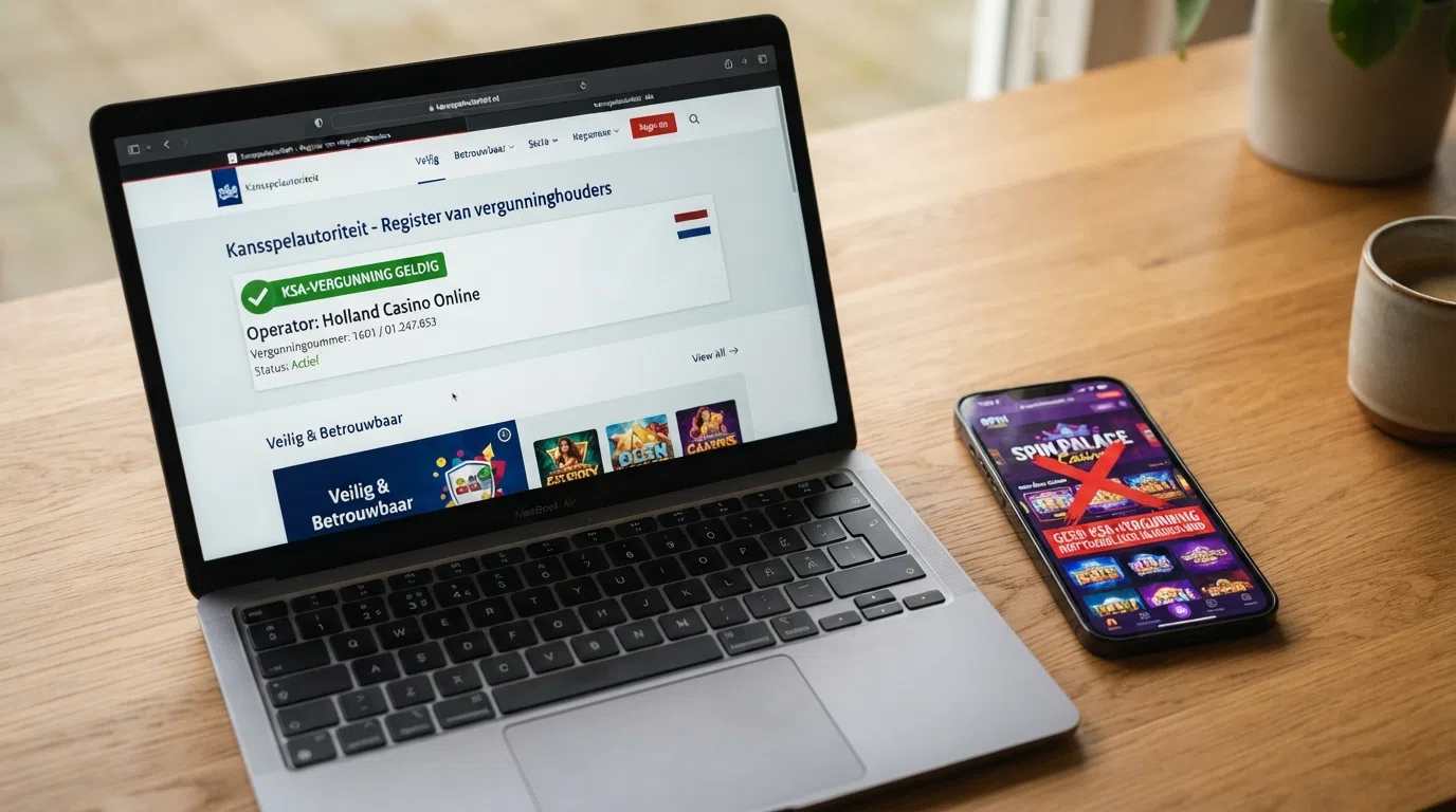 Een screenshot van het KSA-vergunningenregister met een groen vinkje naast een casino-naam, naast een rood kruis bij een niet-Nederlands casino-logo.