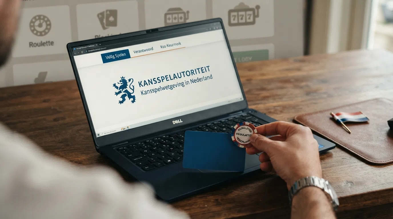 Close-up van een Nederlandse identiteitskaart naast het Kansspelautoriteit-logo op een beeldscherm, met op de achtergrond een casino-interface.
