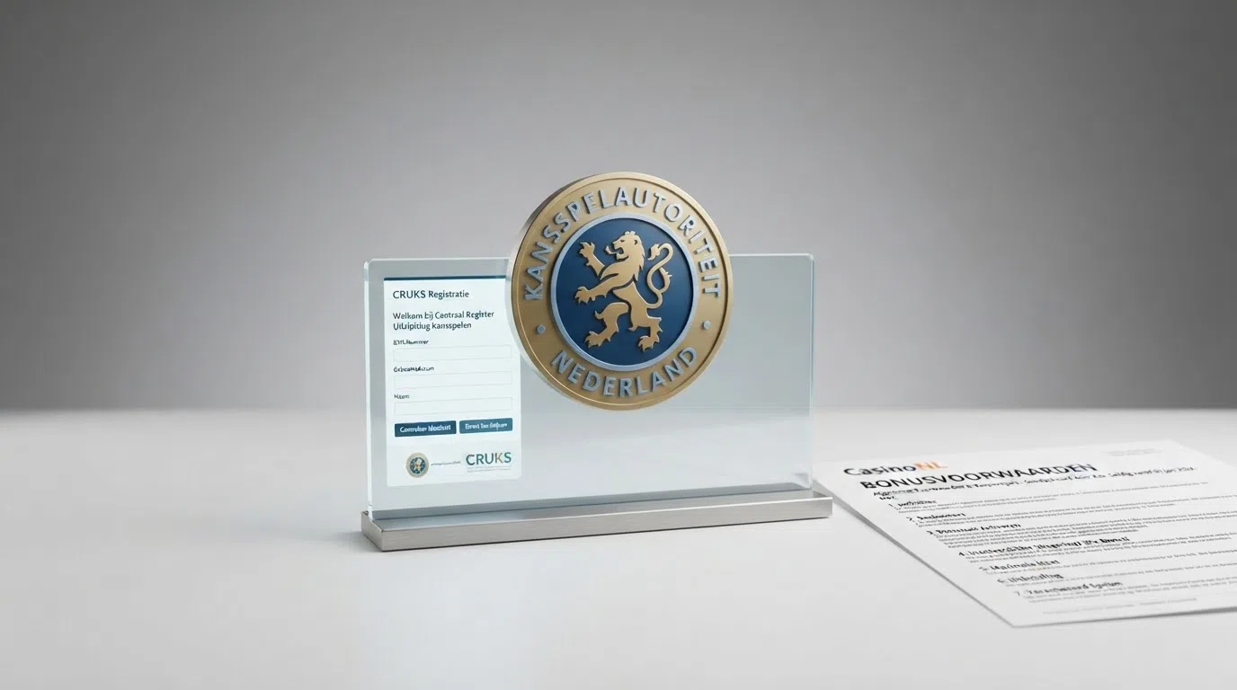 Het Kansspelautoriteit-logo naast een scherm met CRUKS-registratie en een document met bonusvoorwaarden, tegen een neutrale achtergrond