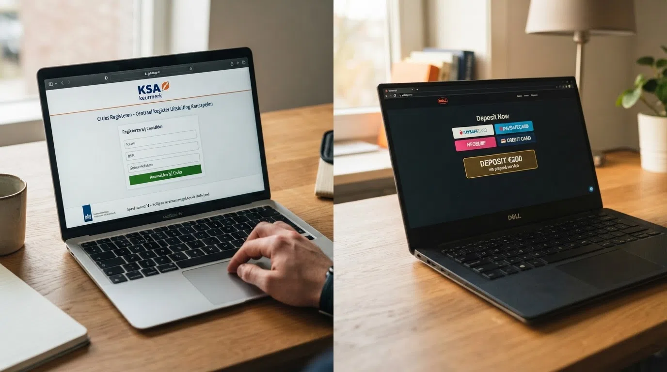 Een split-screen: links het KSA-keurmerk en de Cruks-registratiepagina op gokstop.nl, rechts een anoniem casino-scherm met een AstroPay-stortingsknop zonder Nederlandse keurmerken