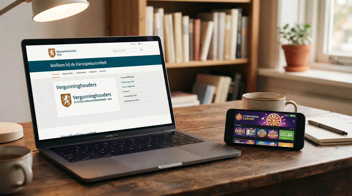 Een laptop toont de website van de Kansspelautoriteit met het KSA-keurmerk naast een casino-webpagina zonder keurmerk
