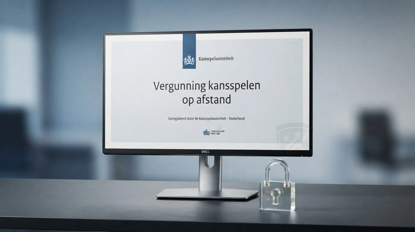 Het logo van de Kansspelautoriteit naast de tekst “Vergunning kansspelen op afstand” op een scherm met een slot op de achtergrond