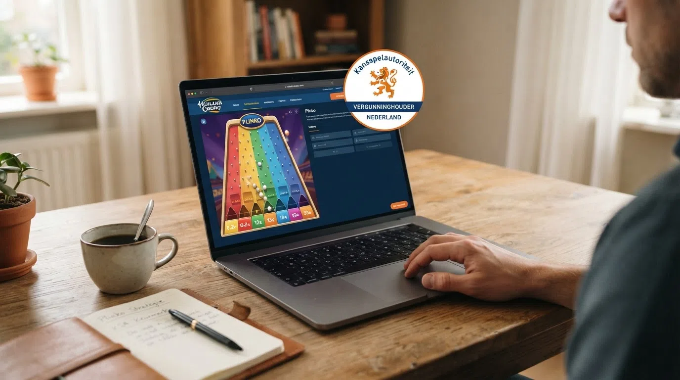 Het logo van de Kansspelautoriteit naast het keurmerk 'Veilig online gokken' op een scherm met een Plinko-spel op de achtergrond